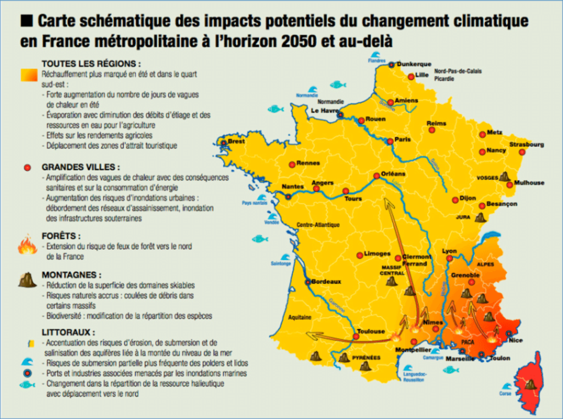 Fichier:Carte des impacts potentiels en France avec un scénario à +2°C.png